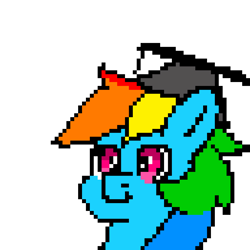 Size: 1024x1024 | Tagged: safe, artist:yelowcrom, character:rainbow dash, species:pegasus, species:pony, bust, clothing, female, graduation cap, hat, mare, pixel art, simple background, solo, white background