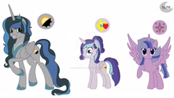 Size: 1920x1080 | Tagged: safe, artist:princesslunayay, base used, oc, oc:mauve stardust, oc:skyline shadow, oc:soft heart, parent:flash sentry, parent:king sombra, parent:princess cadance, parent:princess celestia, parent:shining armor, parent:twilight sparkle, parents:celestibra, parents:flashlight, parents:shiningcadance, species:alicorn, species:pony, crown, cutie mark, deviantart watermark, female, hoof shoes, jewelry, logo, looking at you, mare, necklace, next generation, nose piercing, obtrusive watermark, offspring, piercing, raised leg, regalia, spread wings, watermark, wings