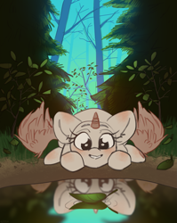 Size: 2047x2566 | Tagged: safe, artist:klooda, species:pony, advertisement, blushing, commission, cute, detailed, detailed background, female, forest, lake, leaves, lying down, lying in grass, mare, reflection, smiling, solo, tree, your character here
