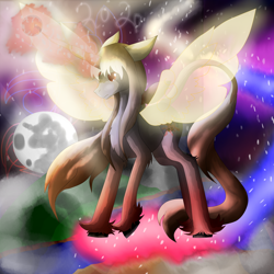 Size: 5800x5800 | Tagged: safe, artist:florarena-kitasatina/dragonborne fox, species:pony, absurd resolution, artificial wings, augmented, candy, cel shading, crossover, dat mane tho, dat tail tho, floppy ears, food, leonine tail, magic, magic wings, mare in the moon, moon, planet, ponified, shading, signature, space, spread wings, sweet breaker (qp shooting), sweet god, unshorn fetlocks, watermark, wings