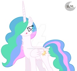 Size: 1024x941 | Tagged: safe, artist:princesslunayay, character:princess celestia, species:alicorn, species:pony, belly fluff, butt fluff, chest fluff, deviantart watermark, ear fluff, female, imminent vore, licking, licking lips, logo, looking at you, mare, missing accessory, multicolored hair, obtrusive watermark, simple background, smiling, smiling at you, solo, tongue out, watermark, white background
