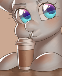 Size: 2081x2544 | Tagged: safe, artist:klooda, species:pony, advertisement, blushing, bust, coffee, commission, cute, female, hooves on the table, looking at you, mare, portrait, shading, simple background, sipping, solo, ych example, your character here