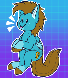 Size: 682x775 | Tagged: safe, artist:sursiq, oc, oc:carbon, species:pegasus, species:pony, blep, blue, brown mane, colored, commission, fullbody, solo, tongue out, white outline, ych example, your character here