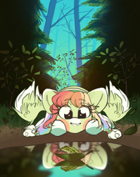 Size: 2047x2566 | Tagged: safe, artist:klooda, oc, oc only, oc:sammy, species:pegasus, species:pony, commission, cute, detailed, detailed background, female, forest, frog, lake, leaves, lying down, mare, pegasus oc, reflection, smiling, solo, spread wings, tree, wings, ych result