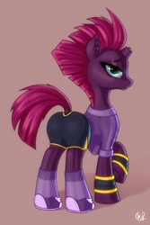 Size: 1280x1920 | Tagged: safe, artist:cherrymocaccino, artist:zuko42, character:tempest shadow, species:pony, species:unicorn, broken horn, clothing, ear fluff, female, horn, looking at you, scar, shoes, shorts, socks, solo, sports, sports shorts