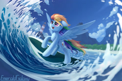 Size: 3000x2000 | Tagged: safe, artist:emeraldgalaxy, character:rainbow dash, species:pegasus, species:pony, female, lighthouse, ocean, open mouth, solo, surfboard, surfing, watermark