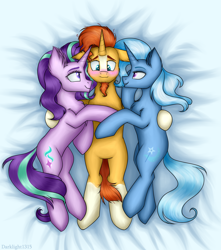 Size: 3100x3500 | Tagged: safe, artist:darklight1315, character:starlight glimmer, character:sunburst, character:trixie, species:pony, species:unicorn, ship:starburst, ship:startrix, ship:startrixburst, ship:trixburst, bedsheets, bisexual, blushing, cute, female, harem, lesbian, lucky bastard, male, mare, missing accessory, ot3, polyamory, shipping, stallion, straight, sunburst gets all the mares, we don't normally wear clothes