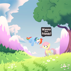 Size: 3500x3500 | Tagged: safe, artist:jimmyjamno1, character:fluttershy, character:rainbow dash, species:pegasus, species:pony, cloud, dialogue, duo, female, field, filly, flower, flying, folded wings, grass, looking at each other, mountain, outdoors, scenery, speech bubble, spread wings, standing, tree, wings, younger