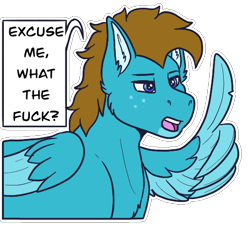 Size: 512x464 | Tagged: safe, artist:sursiq, oc, oc only, oc:carbon, species:pegasus, species:pony, blue eyes, cheek fluff, chest fluff, dialogue, ear fluff, language, lidded eyes, male, open mouth, simple background, solo, speech bubble, stallion, sticker, telegram sticker, text, transparent background, vulgar, white outline, wing hands, wings