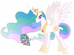 Size: 1920x1415 | Tagged: safe, artist:lextsy, artist:princesslunayay, base used, character:princess celestia, species:alicorn, species:pony, my little pony:pony life, celestia is not amused, crown, deviantart watermark, duo, female, flying, frown, giant alicorn, giant pony, giantlestia, happy, hoof shoes, jewelry, looking down, macro, mare, necklace, obtrusive watermark, ponidox, princess celestia is not amused, regalia, self paradox, self ponidox, simple background, size difference, spread wings, unamused, watermark, white background, wings