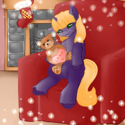 Size: 1024x1024 | Tagged: safe, artist:dark_nidus, character:teddy, species:pony, armchair, chair, christmas, clothing, commission, fireplace, holiday, socks, teddy bear, toy, ych result