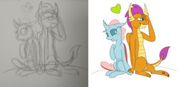 Size: 5968x2920 | Tagged: safe, artist:edwinn, character:ocellus, character:smolder, species:changeling, species:dragon, ship:smolcellus, blushing, comparison, female, heart, holding hands, lesbian, love, shipping, simple background, sketch, traditional art, white background