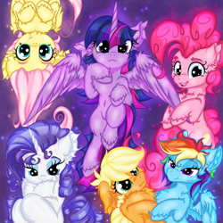 Size: 3000x3000 | Tagged: safe, artist:rurihal, character:applejack, character:fluttershy, character:pinkie pie, character:rainbow dash, character:rarity, character:twilight sparkle, character:twilight sparkle (alicorn), species:alicorn, species:earth pony, species:pegasus, species:pony, species:unicorn, abstract background, chest fluff, ear fluff, hoof fluff, mane six