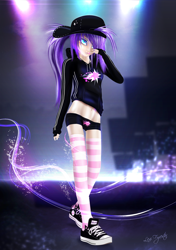 Size: 1410x2000 | Tagged: safe, artist:lexifyrestar, oc, oc:lexi fyrestar, species:human, belly button, candy, cap, clothing, club, converse, food, gloves, hat, hoodie, humanized, lollipop, midriff, shoes, shorts, socks, stockings, striped socks, thigh highs