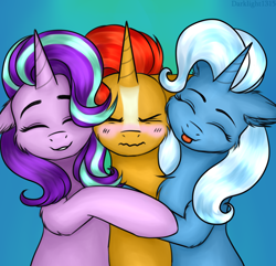Size: 2650x2550 | Tagged: safe, artist:darklight1315, character:starlight glimmer, character:sunburst, character:trixie, species:pony, species:unicorn, ship:startrixburst, abstract background, andoreble, bisexual, blushing, chest fluff, cute, ear fluff, eyes closed, female, harem, hug, lesbian, love triangle, lucky bastard, male, ot3, polyamory, shipping, simple background, smiling, straight