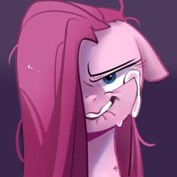 Size: 1024x1024 | Tagged: safe, artist:amo, character:pinkamena diane pie, character:pinkie pie, species:earth pony, species:pony, bust, crying, female, floppy ears, hair over one eye, portrait, solo