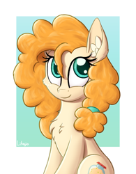 Size: 1250x1600 | Tagged: safe, artist:litrojia, character:pear butter, species:earth pony, species:pony, abstract background, cheek fluff, chest fluff, cute, ear fluff, female, looking at you, mare, pearabetes, sitting, smiling, solo