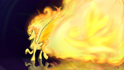 Size: 6721x3780 | Tagged: safe, artist:mixdaponies, character:spitfire, species:pegasus, species:pony, absurd resolution, female, fiery wings, fire, mane of fire, mare, pun, solo, spitfiery, tail of fire, visual gag, wallpaper, wings