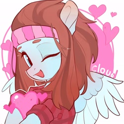 Size: 2048x2048 | Tagged: safe, artist:amo, oc, oc only, species:pegasus, species:pony, bust, clothing, cute, floating heart, hairband, heart, ocbetes, one eye closed, open mouth, portrait, solo, wink