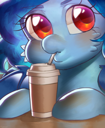 Size: 2081x2544 | Tagged: safe, artist:klooda, oc, oc:tazzee, species:bat pony, species:pony, blushing, bust, coffee, commission, cute, female, finished commission, hooves on the table, looking at you, mare, portrait, red eyes, sipping, solo, spread wings, wings, ych result