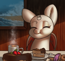 Size: 2056x1929 | Tagged: safe, artist:klooda, species:pony, bust, cake, candy, cheek bulge, commission, cute, donut, eating, eyelashes, eyes closed, female, food, happy, mare, picture, portrait, sitting, smiley face, solo, spoon, sweets, table, tea, ych example, your character here, yummy