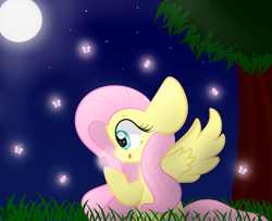 Size: 1295x1051 | Tagged: safe, artist:sugarcloud12, character:fluttershy, species:pony, butterfly, female, moon, night, solo, tree