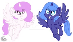 Size: 1280x740 | Tagged: safe, artist:princesslunayay, base used, character:princess celestia, character:princess luna, species:alicorn, species:pony, chest fluff, chin fluff, cute, cutelestia, deviantart watermark, duo, ear fluff, female, flying, leg fluff, logo, looking up, lunabetes, mare, obtrusive watermark, pink-mane celestia, raised hoof, royal sisters, s1 luna, siblings, sisters, smiling, spread wings, watermark, wing fluff, wingding eyes, wings, young, young celestia, young luna, younger