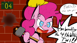 Size: 3840x2160 | Tagged: safe, artist:professionalpuppy, character:pinkie pie, character:twilight sparkle, breaking the fourth wall, hammer, pun, sledgehammer
