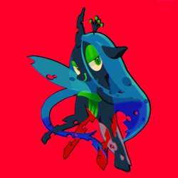 Size: 768x768 | Tagged: safe, artist:tomizawa96, character:queen chrysalis, species:changeling, changeling queen, cute, cutealis, female, floppy ears, lidded eyes, red background, simple background, smiling, solo