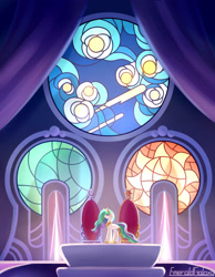 Size: 2100x2700 | Tagged: safe, artist:emeraldgalaxy, character:princess celestia, species:alicorn, species:pony, female, mare, solo, stained glass, throne room