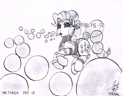 Size: 4576x3554 | Tagged: safe, artist:digiral, character:pinkie pie, species:pony, absurd file size, blowing bubbles, bubble, female, pinkie bot, robot, robot pony, roboticization, solo, species swap, traditional art