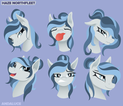 Size: 2000x1731 | Tagged: safe, artist:andaluce, oc, oc only, oc:haze northfleet, species:pony, bust, expressions, multeity, reference sheet, simple background, smiling, solo, tongue out
