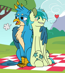 Size: 1356x1512 | Tagged: safe, artist:edwinn, character:gallus, character:sandbar, species:earth pony, species:griffon, species:pony, ship:gallbar, blushing, floating heart, gay, grin, heart, huff, hug, male, open mouth, picnic blanket, shipping, sitting, smiling, winghug