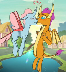 Size: 1588x1736 | Tagged: safe, artist:edwinn, character:ocellus, character:smolder, species:changeling, species:dragon, ship:smolcellus, blushing, cute, diaocelles, female, interspecies, kissing, lesbian, shipping, smolderbetes, surprised