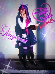 Size: 768x1024 | Tagged: safe, artist:bunnyoxo, character:twilight sparkle, species:human, book, clothing, cosplay, costume, horn, irl, irl human, photo, pony ears, socks, thigh highs