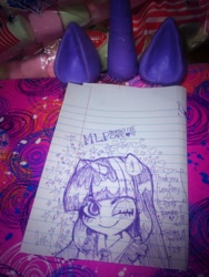 Size: 768x1024 | Tagged: safe, artist:bunnyoxo, character:twilight sparkle, species:human, 2015, cafe, clothing, cute, horn, humanized, japanese, maid, my little pony cafe, one eye closed, pen drawing, pony ears, smiling, traditional art, wink