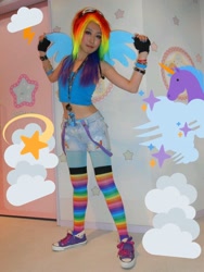 Size: 768x1024 | Tagged: safe, artist:bunnyoxo, character:rainbow dash, species:human, clothing, converse, cosplay, costume, irl, irl human, my little pony cafe, photo, rainbow socks, shoes, socks, striped socks, thigh highs, wings