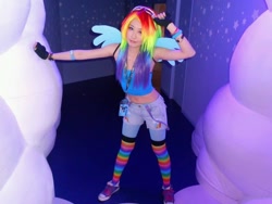 Size: 1024x768 | Tagged: safe, artist:bunnyoxo, character:rainbow dash, species:human, clothing, converse, cosplay, costume, irl, irl human, my little pony cafe, photo, rainbow socks, shoes, socks, solo, striped socks, thigh highs, wings