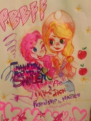 Size: 600x800 | Tagged: safe, artist:bunnyoxo, character:applejack, character:pinkie pie, species:human, apple, food, humanized, traditional art