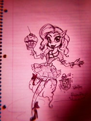 Size: 558x744 | Tagged: safe, artist:bunnyoxo, character:pinkie pie, species:anthro, species:human, cupcake, food, humanized, monster high, pen drawing, pony ears, tail, traditional art