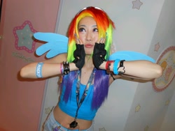 Size: 2304x1728 | Tagged: safe, artist:bunnyoxo, character:rainbow dash, species:human, clothing, cosplay, costume, irl, irl human, photo, scene interpretation, so awesome, solo, wings