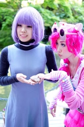 Size: 957x1440 | Tagged: safe, artist:bunnyoxo, artist:cartoon263, character:maud pie, character:pinkie pie, species:human, clothing, convention:japanponycon, cosplay, costume, dress, irl, irl human, japan ponycon, photo