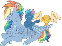 Size: 939x701 | Tagged: safe, artist:malinraf1615, character:rainbow dash, species:earth pony, species:pegasus, species:pony, episode:the best of the worst, g4.5, my little pony: pony life, my little pony:pony life, spoiler:pony life s01e02, backwards cutie mark, cheek fluff, chest fluff, colt, duo, female, male, mare, prone, simple background, smallfry, transparent background, trophy, unshorn fetlocks