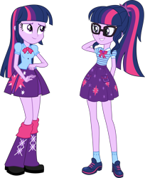 Size: 7773x9548 | Tagged: safe, artist:firesidearmy46231, character:twilight sparkle, character:twilight sparkle (alicorn), character:twilight sparkle (scitwi), species:eqg human, my little pony:equestria girls, arm behind head, clothing, duality, duo, duo female, female, glasses, leg warmers, pleated skirt, self paradox, simple background, skirt, transparent background, twolight, vector