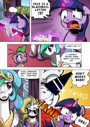 Size: 1204x1700 | Tagged: safe, artist:tarkron, character:princess celestia, character:spike, character:twilight sparkle, character:twilight sparkle (alicorn), oc, oc:cosmo cool, species:alicorn, species:dragon, species:pony, species:unicorn, comic:the royal sandal, comic, dialogue, glowing horn, horn, letter, magic, speech bubble, sunglasses, telekinesis