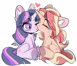 Size: 1024x878 | Tagged: safe, artist:amo, character:sunset shimmer, character:twilight sparkle, character:twilight sparkle (alicorn), species:alicorn, species:pony, species:unicorn, ship:sunsetsparkle, cute, ear fluff, eyes closed, female, kissing, lesbian, mare, shimmerbetes, shipping, simple background, sitting, twiabetes, white background