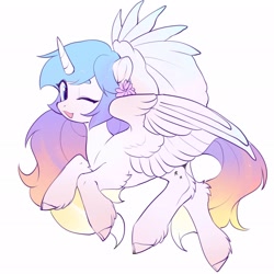 Size: 2048x2048 | Tagged: safe, artist:amo, oc, oc only, species:alicorn, species:pony, alicorn oc, horn, one eye closed, simple background, solo, unshorn fetlocks, white background, wings, wink