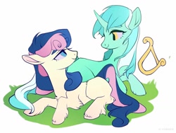 Size: 1024x768 | Tagged: safe, artist:amo, character:bon bon, character:lyra heartstrings, character:sweetie drops, species:earth pony, species:pony, species:unicorn, ship:lyrabon, cute, female, lesbian, looking at each other, lyre, missing cutie mark, musical instrument, shipping, simple background, white background