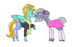 Size: 2732x1756 | Tagged: safe, artist:bublebee123, artist:icey-wicey-1517, edit, character:lightning dust, character:limestone pie, species:earth pony, species:pegasus, species:pony, boop, bow, clothing, collaboration, color edit, colored, dress, ear piercing, earring, female, hair bow, jeans, jewelry, leg warmers, lesbian, limedust, limetsun pie, mare, nose piercing, nose ring, noseboop, pants, piercing, raised hoof, scarf, shipping, shirt, simple background, sweater, transparent background, tsundere, unshorn fetlocks