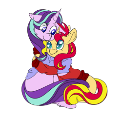 Size: 2336x2296 | Tagged: safe, artist:bublebee123, artist:icey-wicey-1517, edit, character:starlight glimmer, character:sunset shimmer, species:pony, species:unicorn, ship:shimmerglimmer, clothing, collaboration, color edit, colored, ear piercing, earring, female, heart eyes, hug, jewelry, lesbian, mare, missing cutie mark, nose piercing, nose ring, palindrome get, piercing, shipping, simple background, sweater, transparent background, wingding eyes